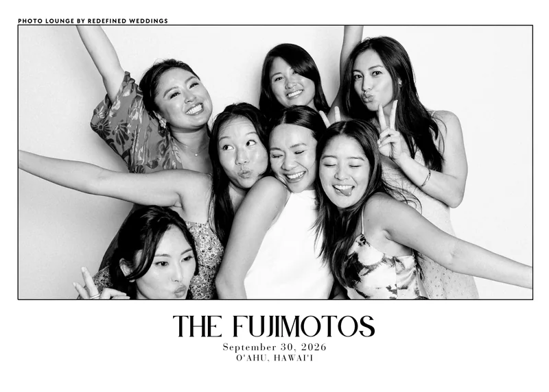 Guests posing in the Photo Lounge, 5x7 print with a custom event layout